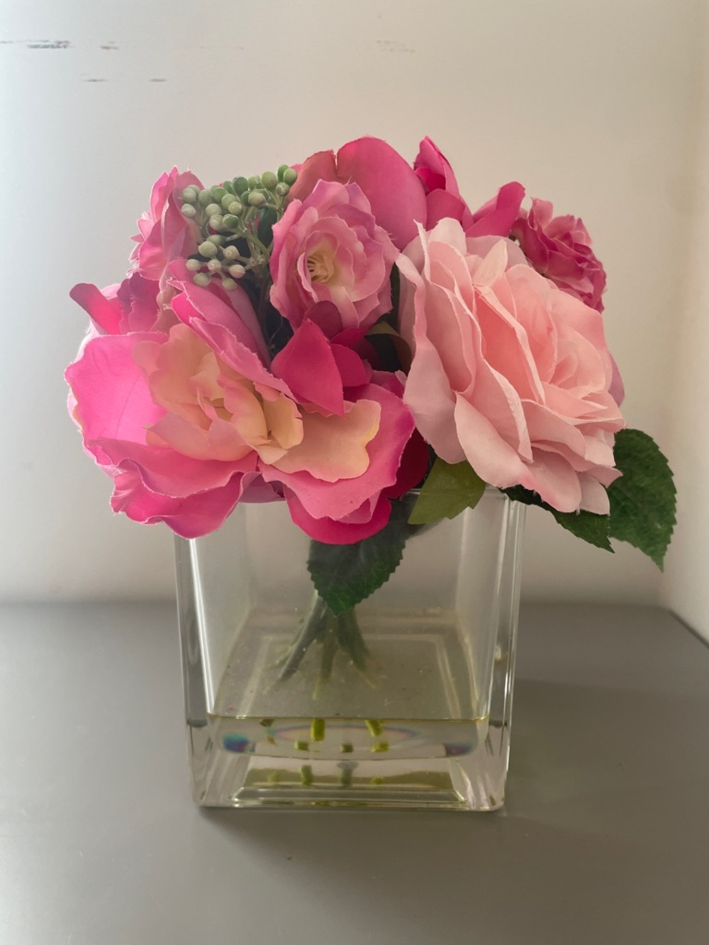 Pink Artificial Rose Bouquet in Clear Square Vase